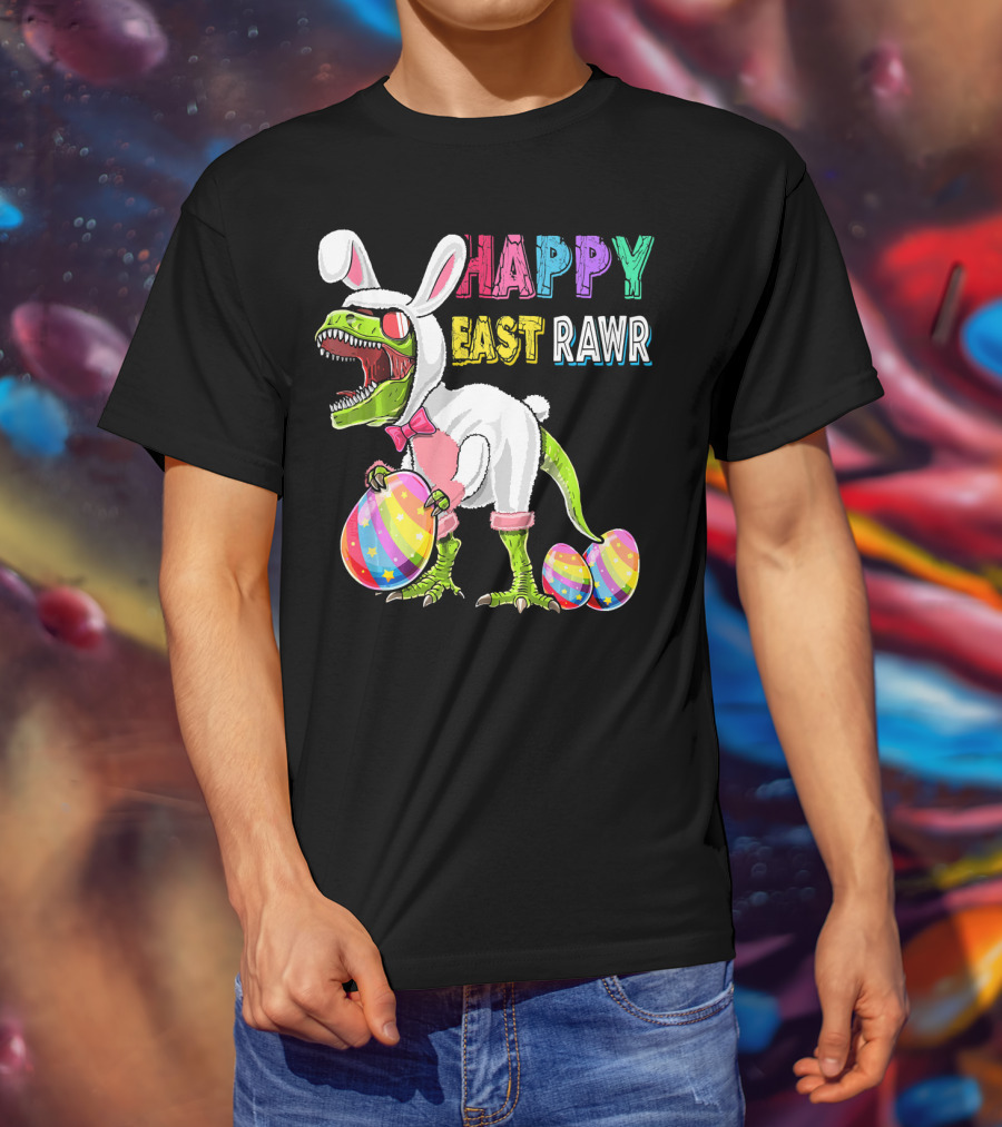 Happy Eastrawr Rex Dinosaur Easter Bunny Costume With Colorful Eggs T-Shirt