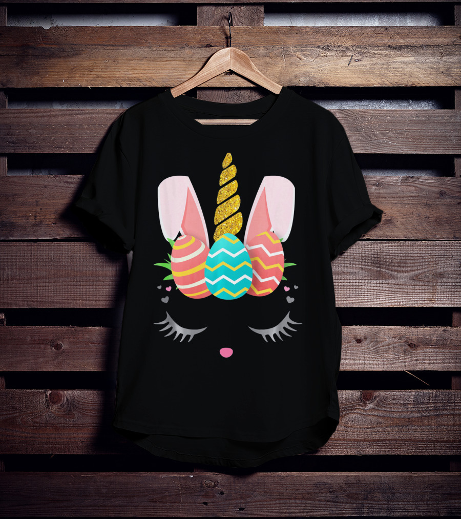 Bunnycorn Easter Bunny Rabbit Face Unicorn Ears Eggs Hearts T-Shirt