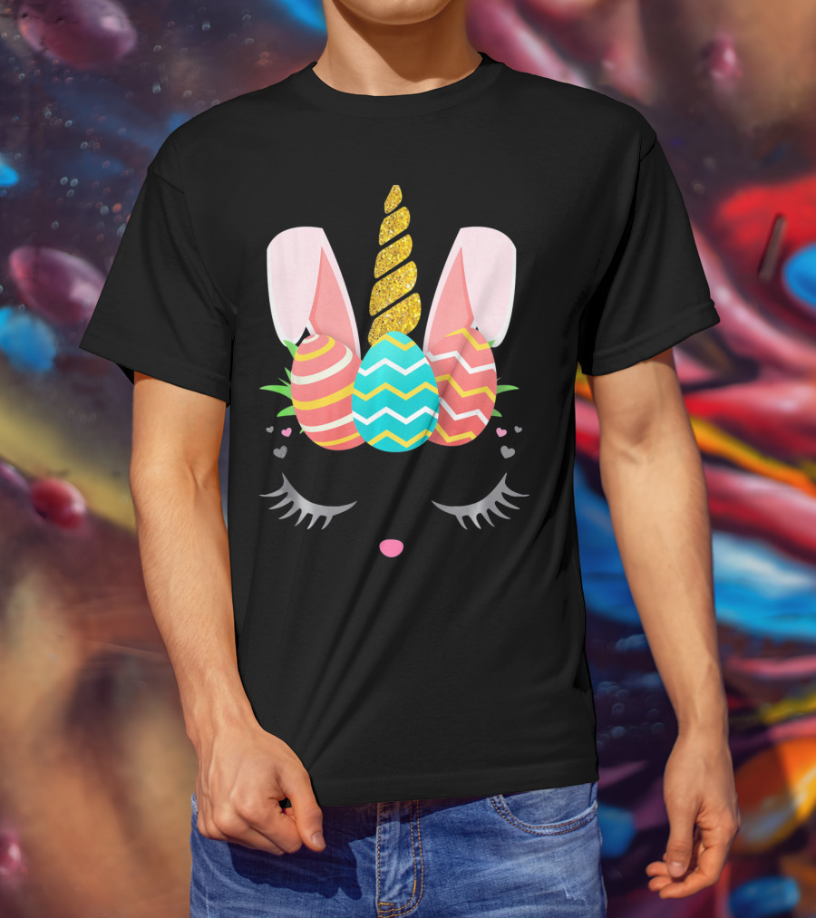 Bunnycorn Easter Bunny Rabbit Face Unicorn Ears Eggs Hearts T-Shirt