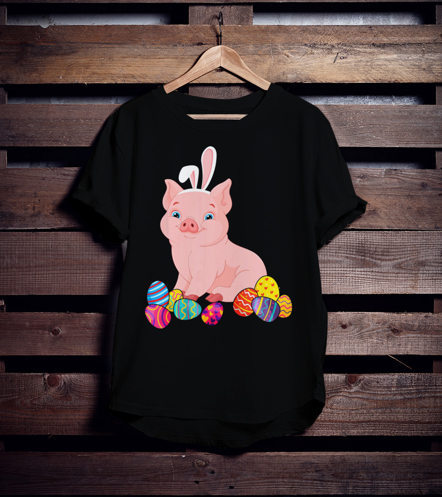 Pig With Bunny Ears Surrounded By Colorful Easter Eggs Easter Day T-Shirt