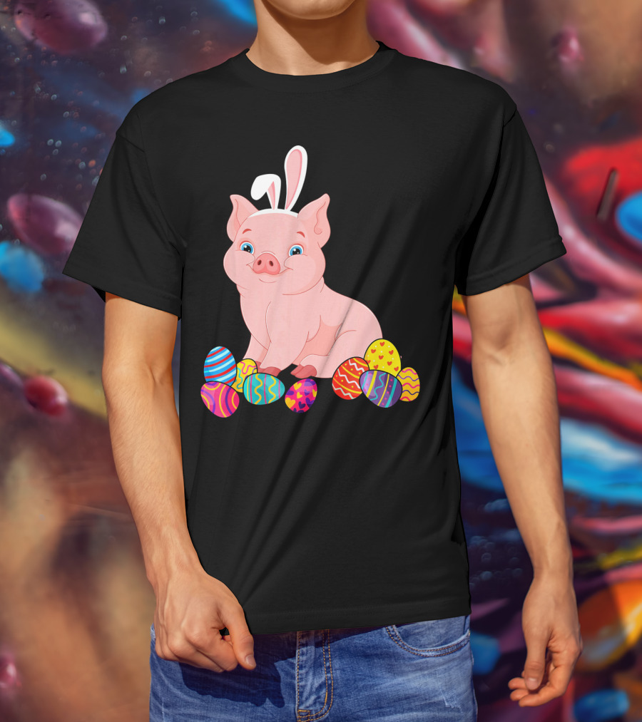 Pig With Bunny Ears Surrounded By Colorful Easter Eggs Easter Day T-Shirt