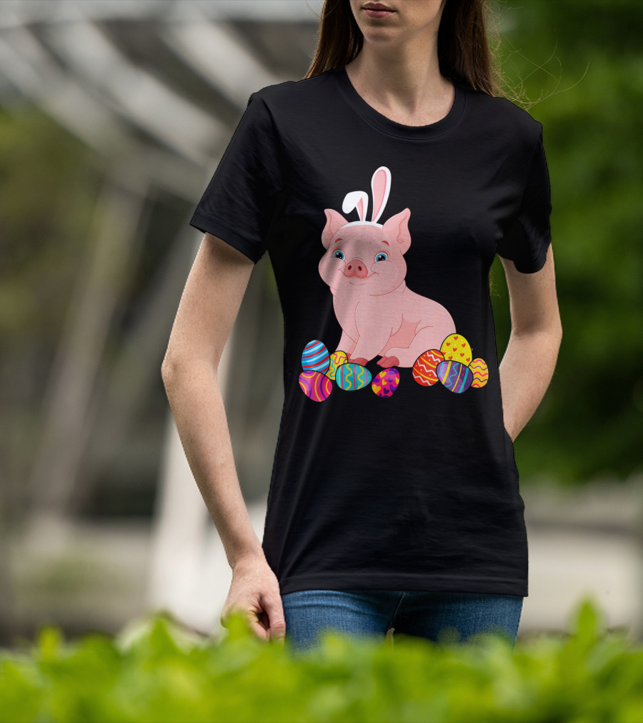 Pig With Bunny Ears Surrounded By Colorful Easter Eggs Easter Day T-Shirt