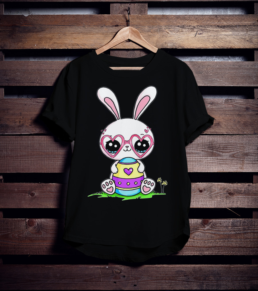 Adorable Easter Bunny With Heart-Shaped Glasses And Colorful Egg T-Shirt