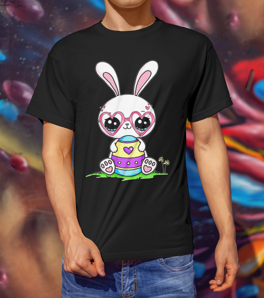 Adorable Easter Bunny With Heart-Shaped Glasses And Colorful Egg T-Shirt