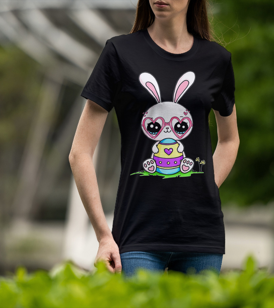 Adorable Easter Bunny With Heart-Shaped Glasses And Colorful Egg T-Shirt