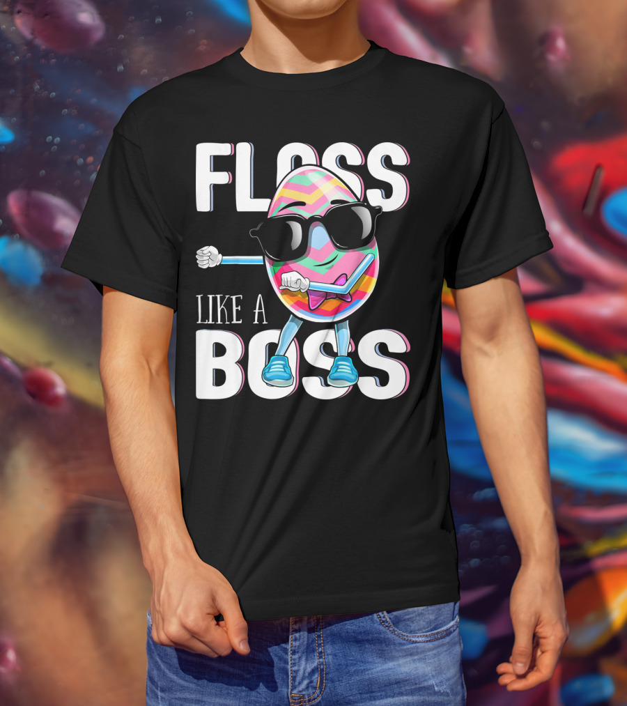 FLOSS LIKE A BOSS Flossing Easter Egg With Sunglasses And Colorful Stripes T-Shirt