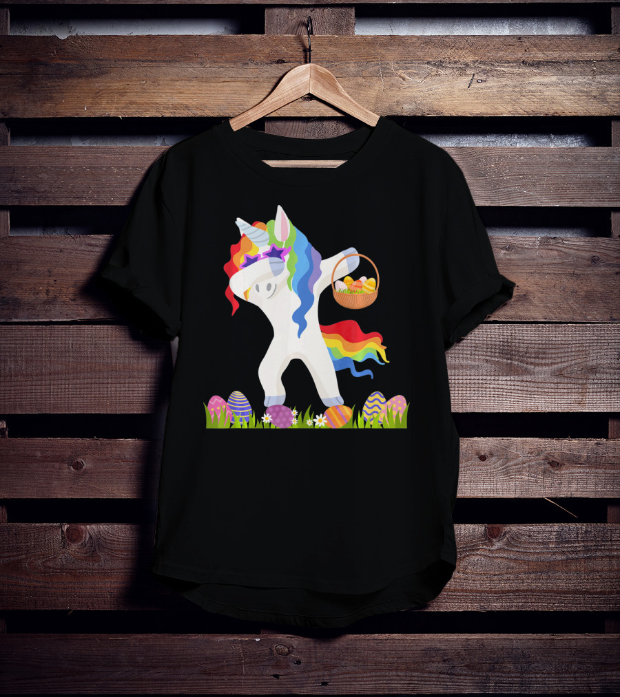 Funny Unicorn Dabbing With Easter Basket And Eggs Happy Easter Day T-Shirt