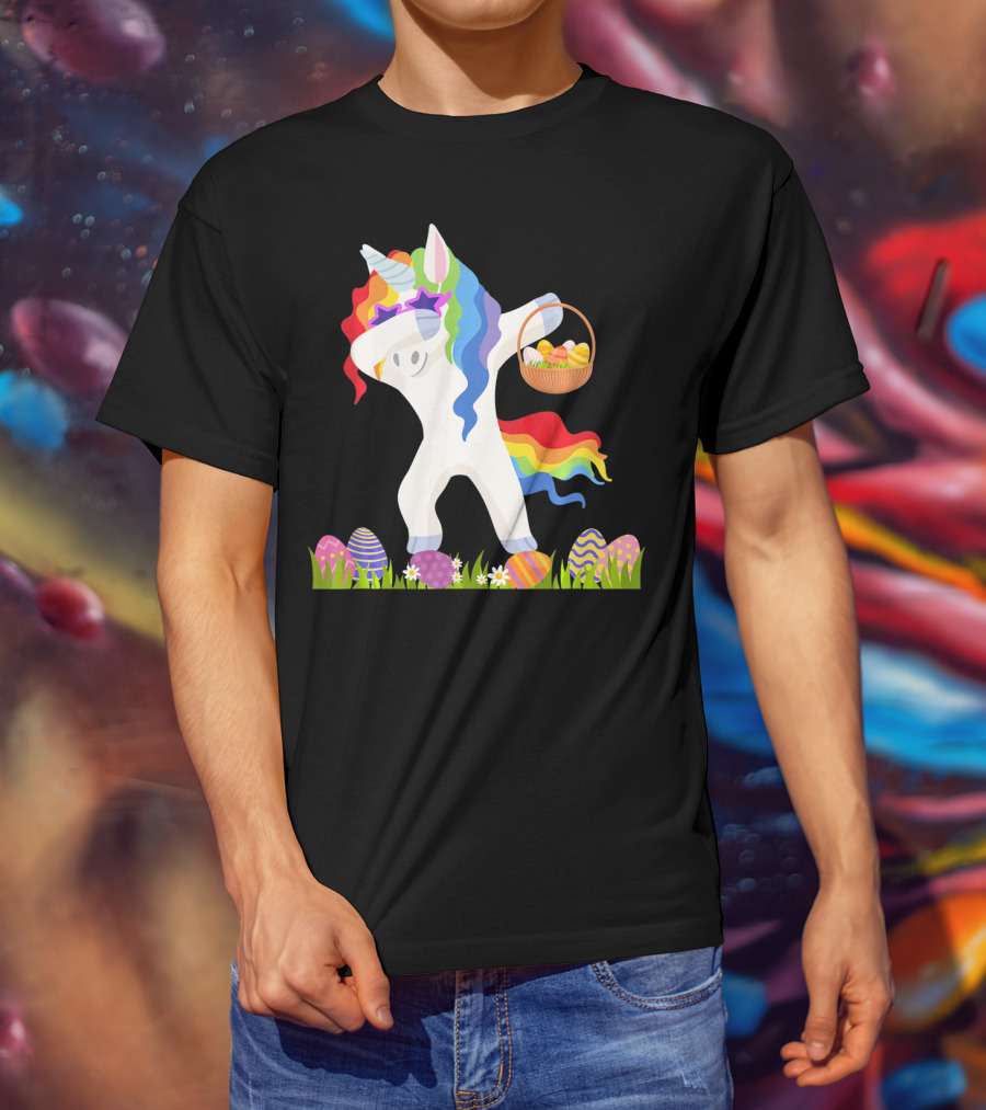 Funny Unicorn Dabbing With Easter Basket And Eggs Happy Easter Day T-Shirt