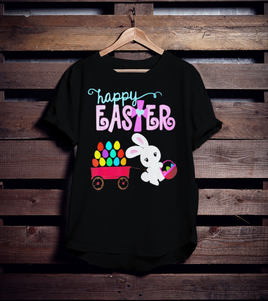 Happy Easter Bunny With Wagon Of Colorful Eggs T-Shirt