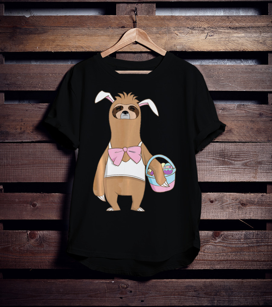 Sloth Easter Bunny Lazy Rabbit With Basket Of Eggs T-Shirt