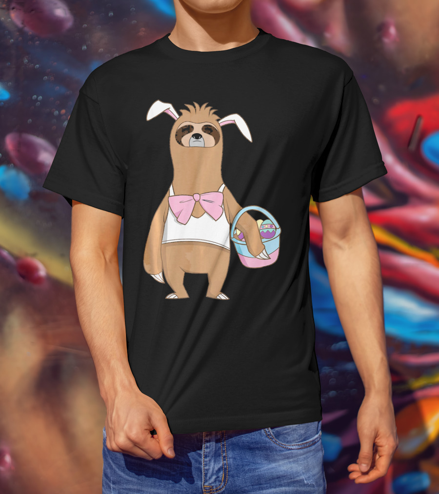 Sloth Easter Bunny Lazy Rabbit With Basket Of Eggs T-Shirt