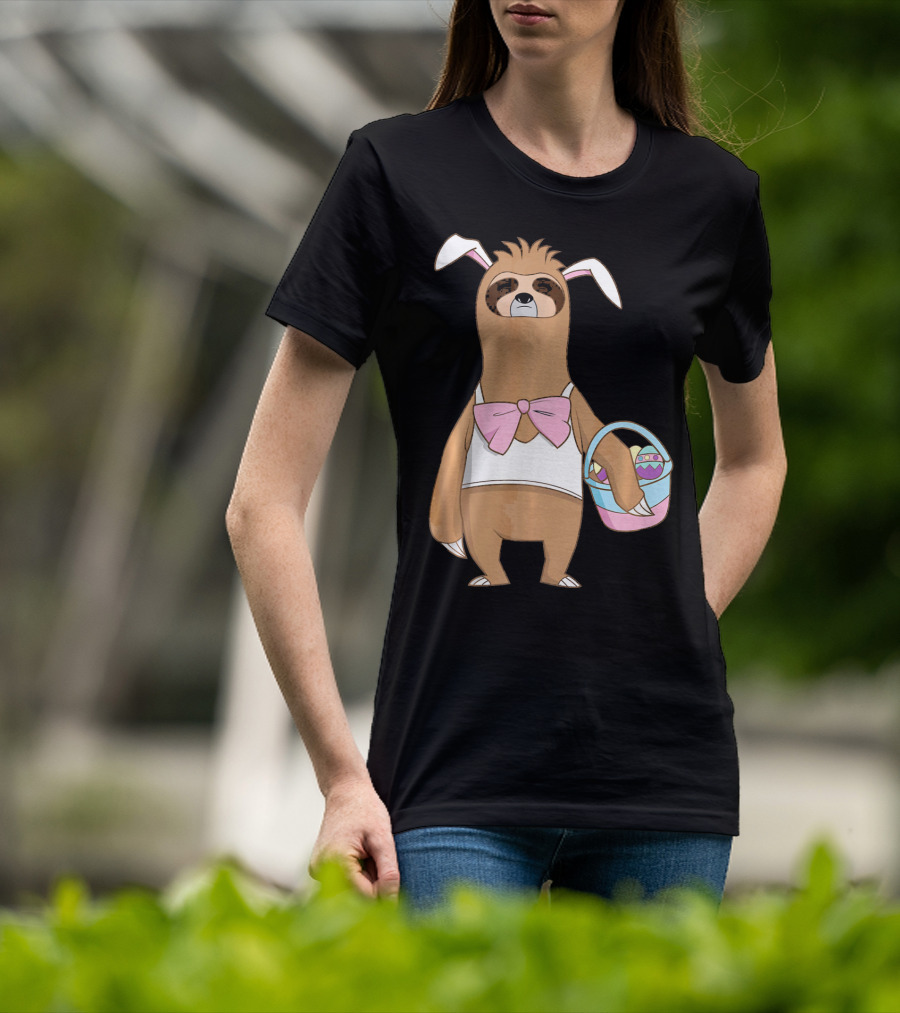 Sloth Easter Bunny Lazy Rabbit With Basket Of Eggs T-Shirt