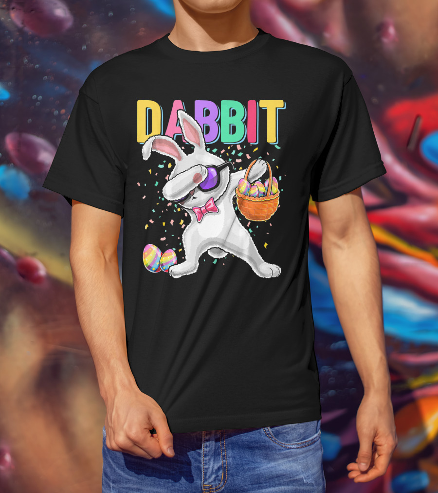 Dabbit Dabbing Easter Bunny With Eggs Basket And Confetti T-Shirt