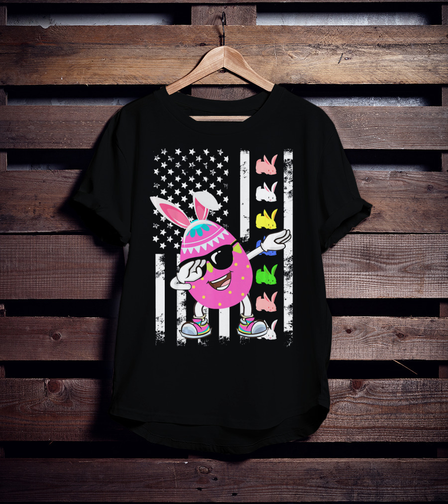 Dabbing Easter Egg Rabbit With American Flag And Bunny Icons T-Shirt