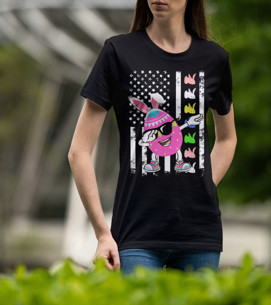 Dabbing Easter Egg Rabbit With American Flag And Bunny Icons T-Shirt