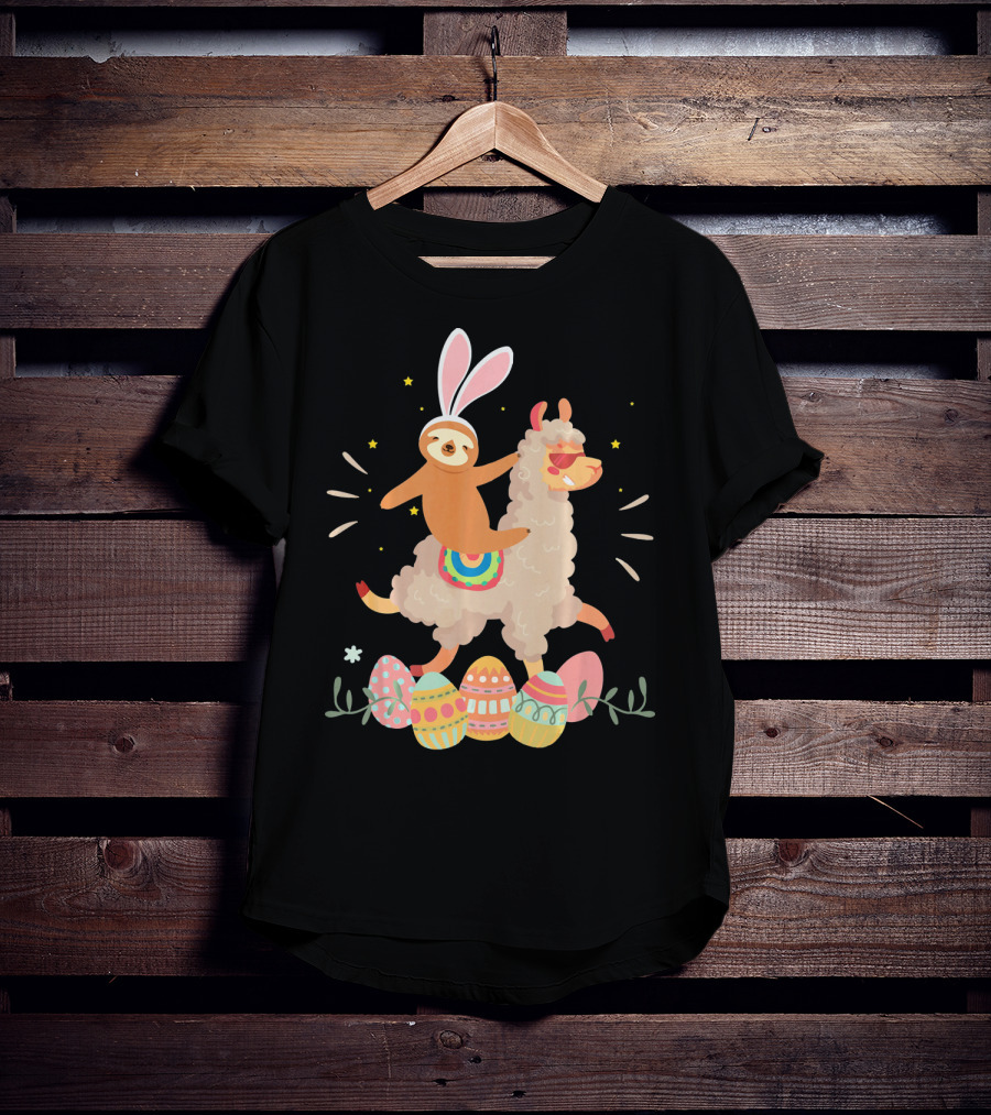 Cute Bunny Sloth Riding Llama Easter Eggs T-Shirt
