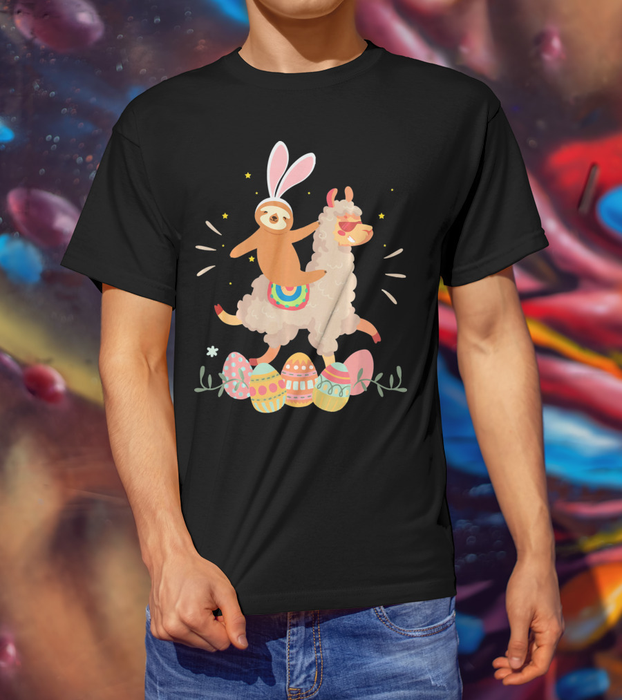 Cute Bunny Sloth Riding Llama Easter Eggs T-Shirt