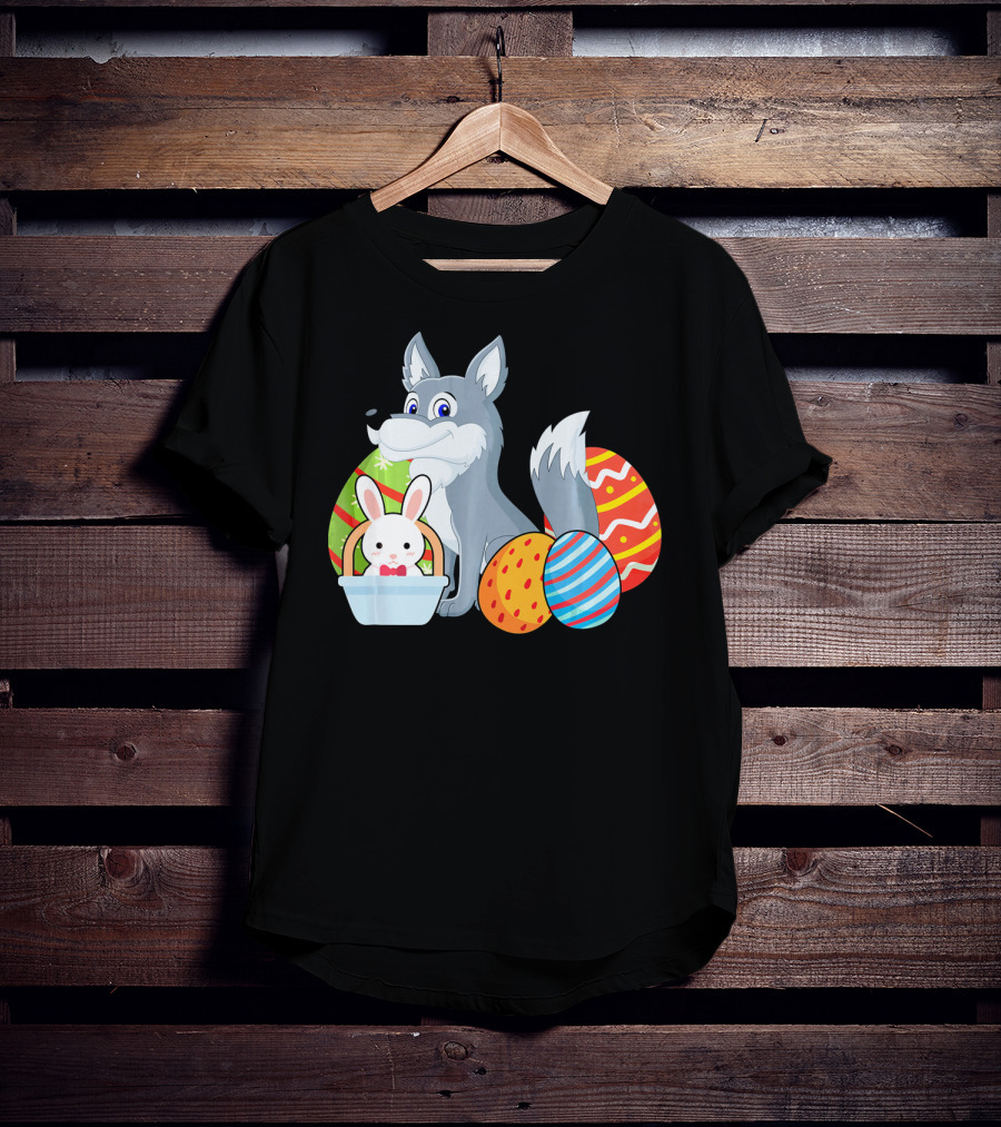 Easter Wolf Happy Bunny With Colorful Eggs T-Shirt