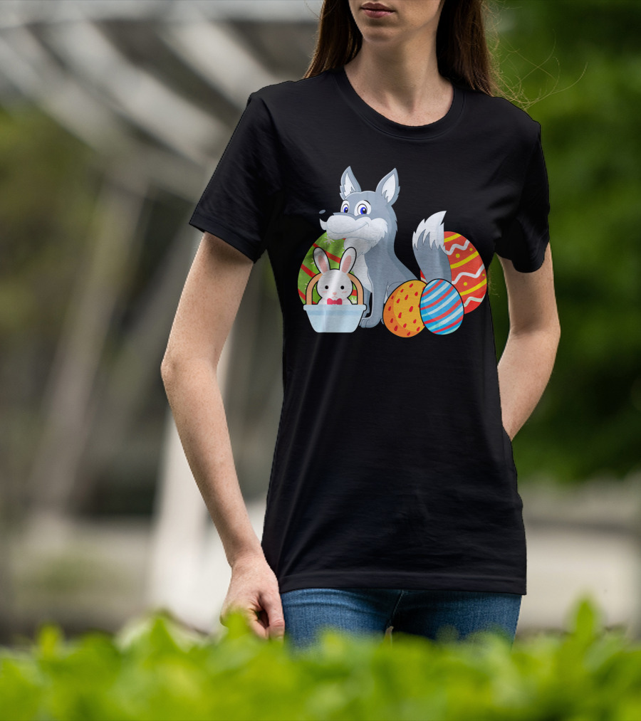Easter Wolf Happy Bunny With Colorful Eggs T-Shirt