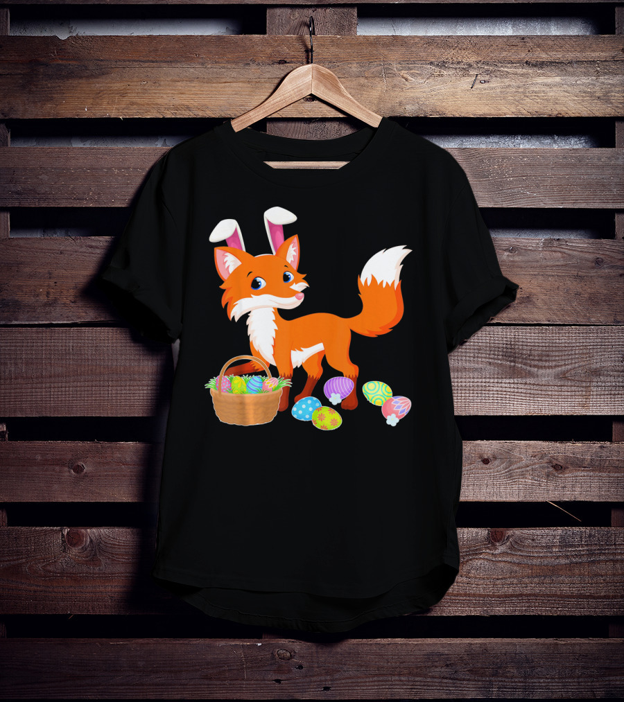 Happy Fox Easter Bunny Ears With Colorful Eggs Basket T-Shirt