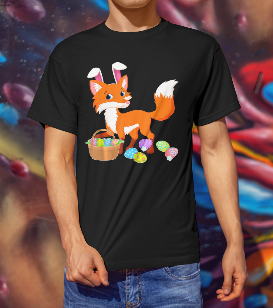 Happy Fox Easter Bunny Ears With Colorful Eggs Basket T-Shirt