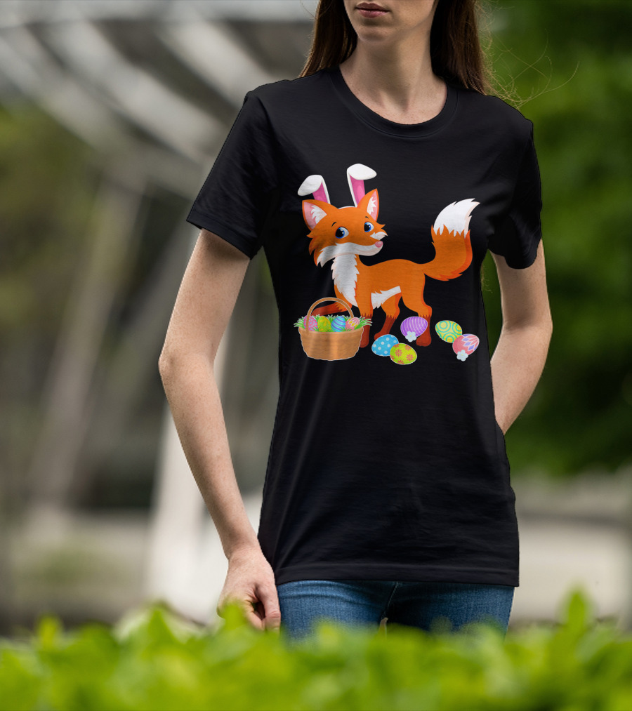 Happy Fox Easter Bunny Ears With Colorful Eggs Basket T-Shirt