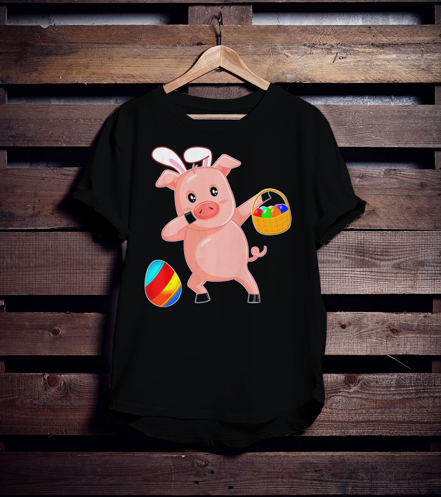 Easter Bunny Dabbing Pig With Colorful Egg Basket T-Shirt