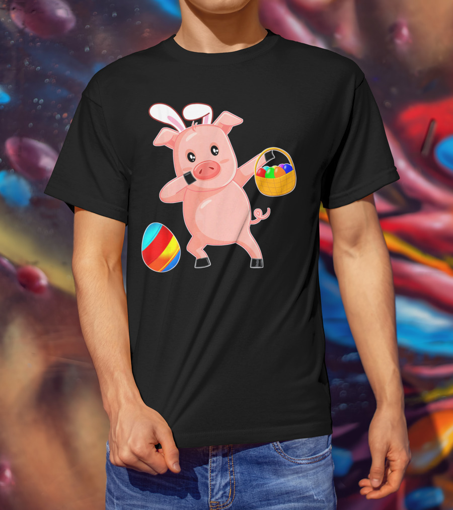 Easter Bunny Dabbing Pig With Colorful Egg Basket T-Shirt