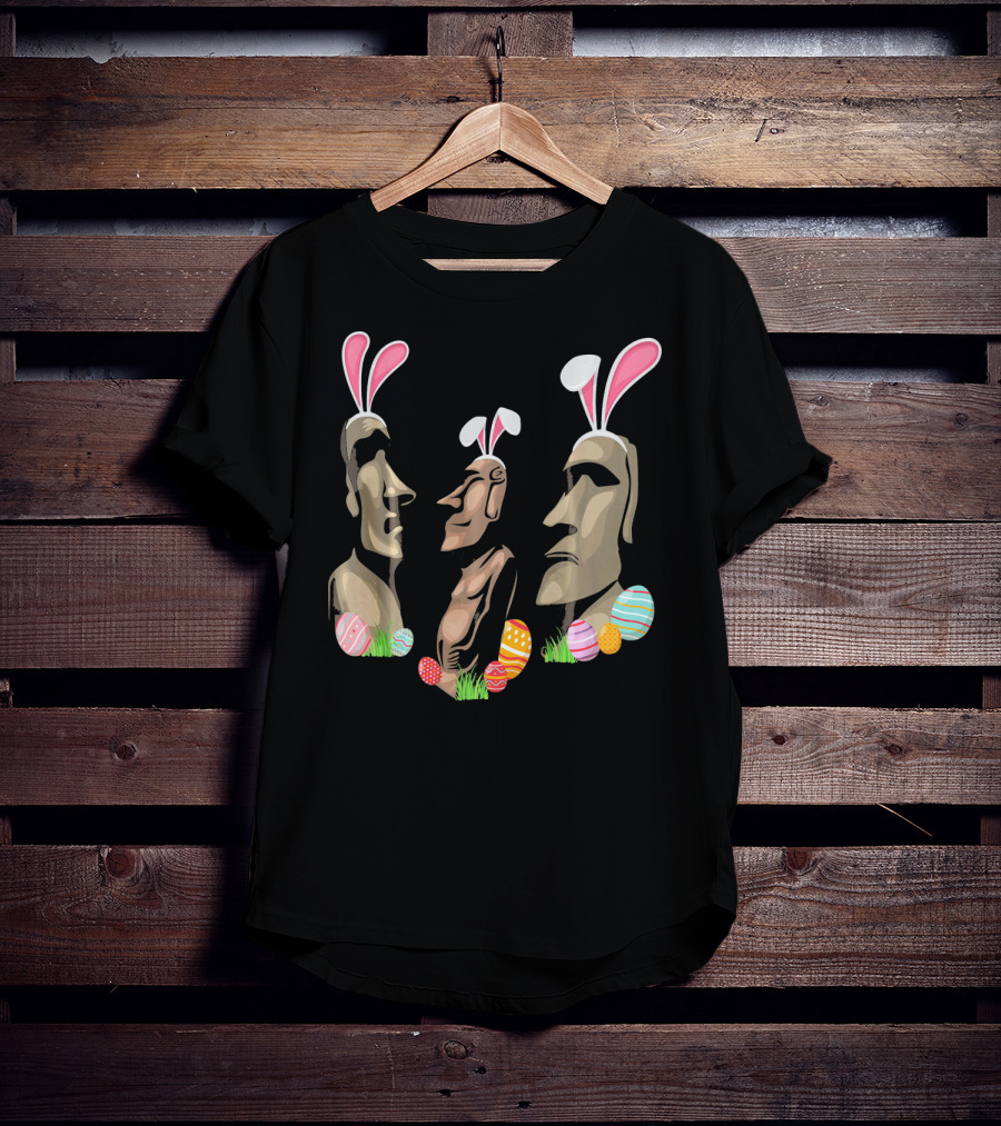 Funny Easter Island Statues Wearing Bunny Ears Surrounded By Colorful Easter Eggs T-Shirt
