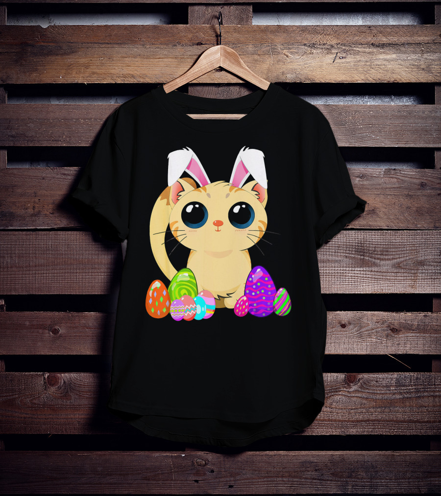 Cute Easter Cat Holiday Bunny Ears With Colorful Eggs T-Shirt