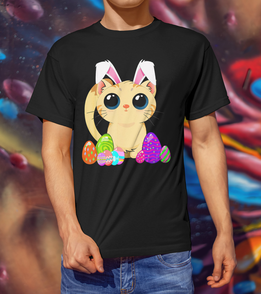 Cute Easter Cat Holiday Bunny Ears With Colorful Eggs T-Shirt