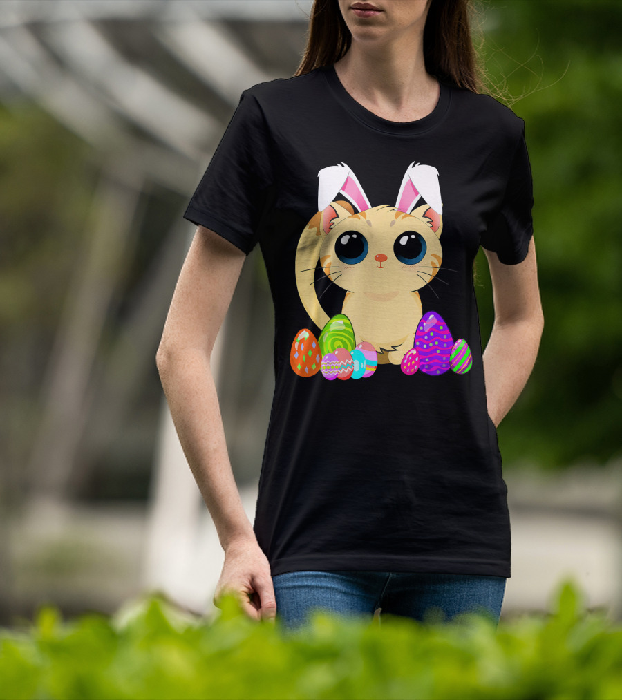 Cute Easter Cat Holiday Bunny Ears With Colorful Eggs T-Shirt
