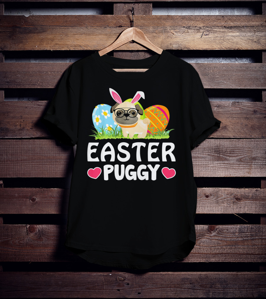 Easter Puggy Cute Dog Pug Funny Easter Bunny Ears And Eggs T-Shirt