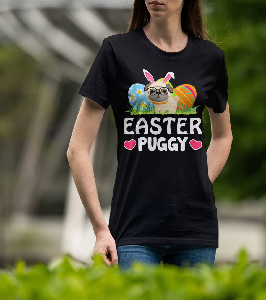 Easter Puggy Cute Dog Pug Funny Easter Bunny Ears And Eggs T-Shirt