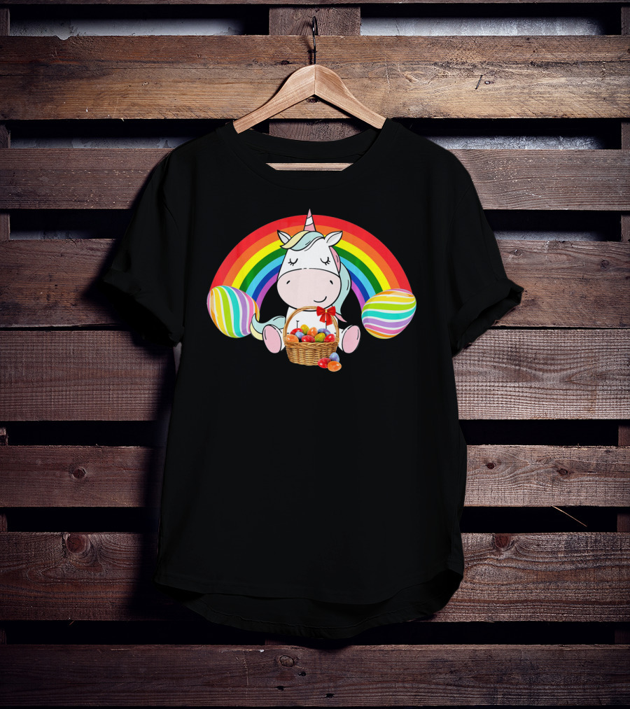 Unicorn Easter With Rainbow And Basket Of Eggs T-Shirt