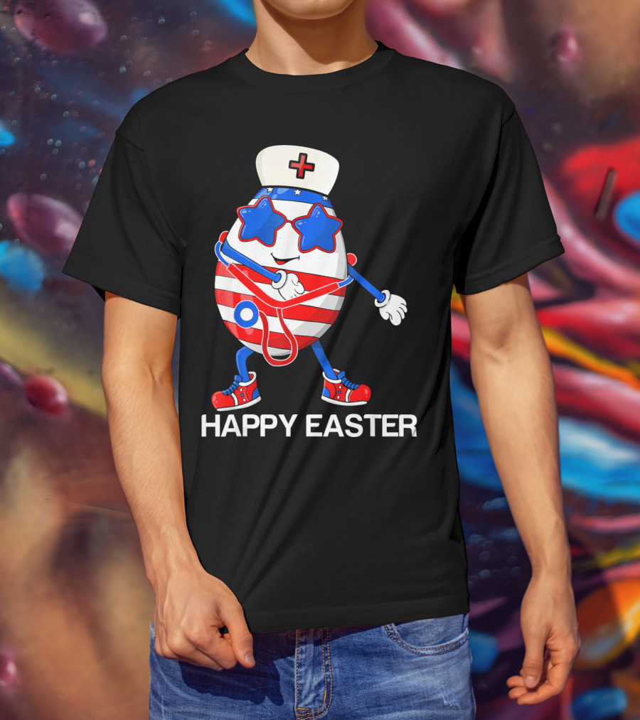 Happy Easter Flossing Egg With Stethoscope Nurse Hat And Stars T-Shirt