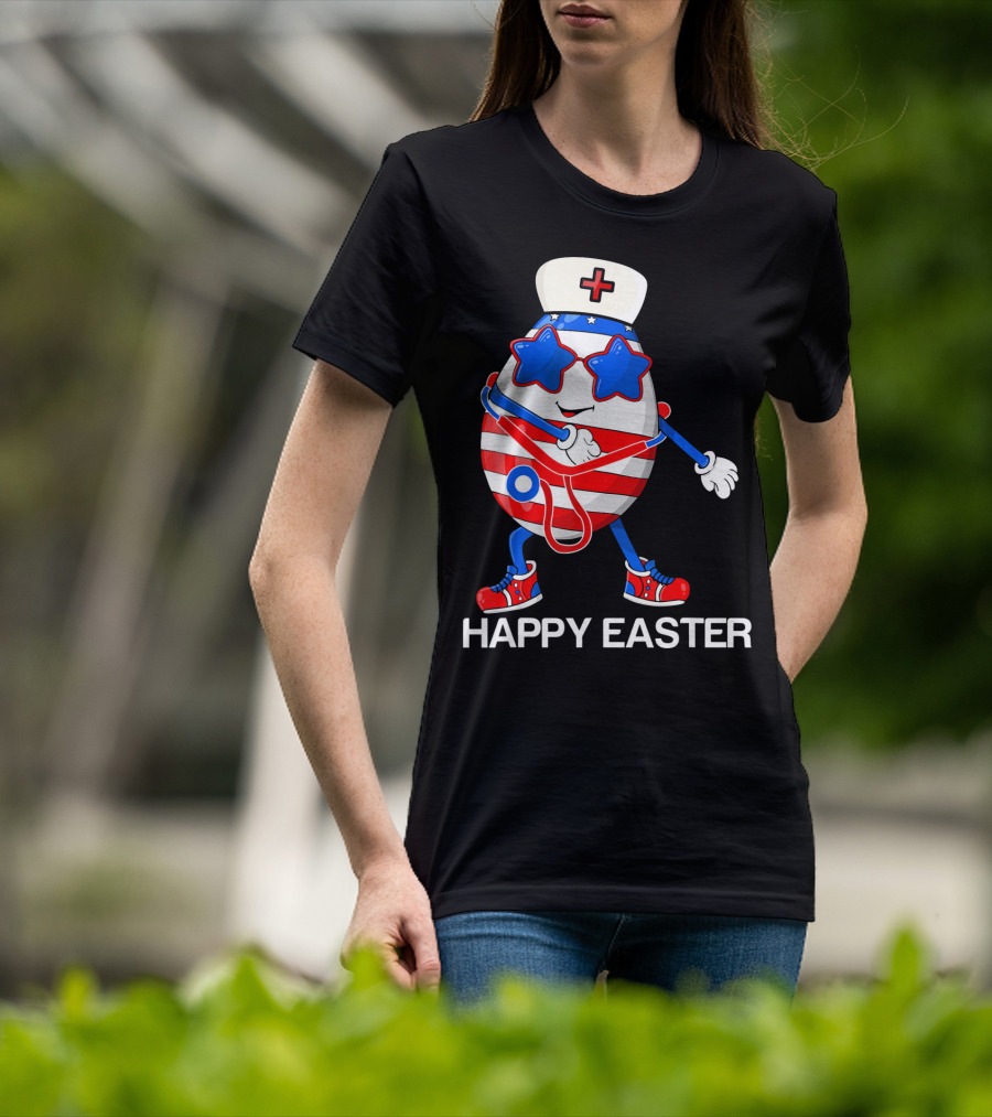 Happy Easter Flossing Egg With Stethoscope Nurse Hat And Stars T-Shirt