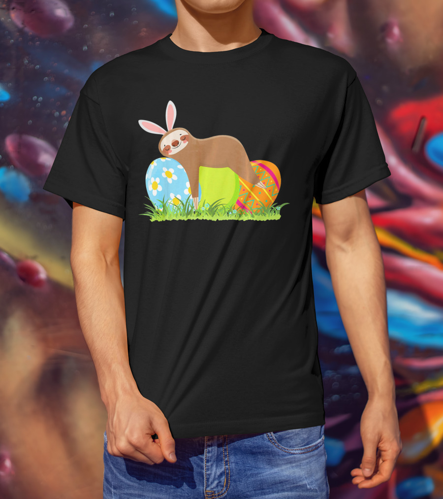 Funny Sloth Easter Day Bunny Ear Egg Decorated T-Shirt
