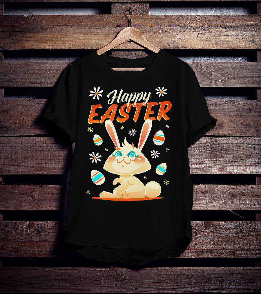 Happy Easter Bunny Surrounded By Colorful Eggs And Daisies T-Shirt