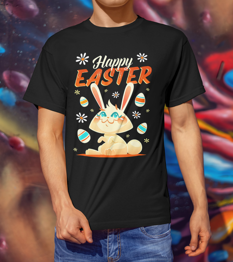Happy Easter Bunny Surrounded By Colorful Eggs And Daisies T-Shirt