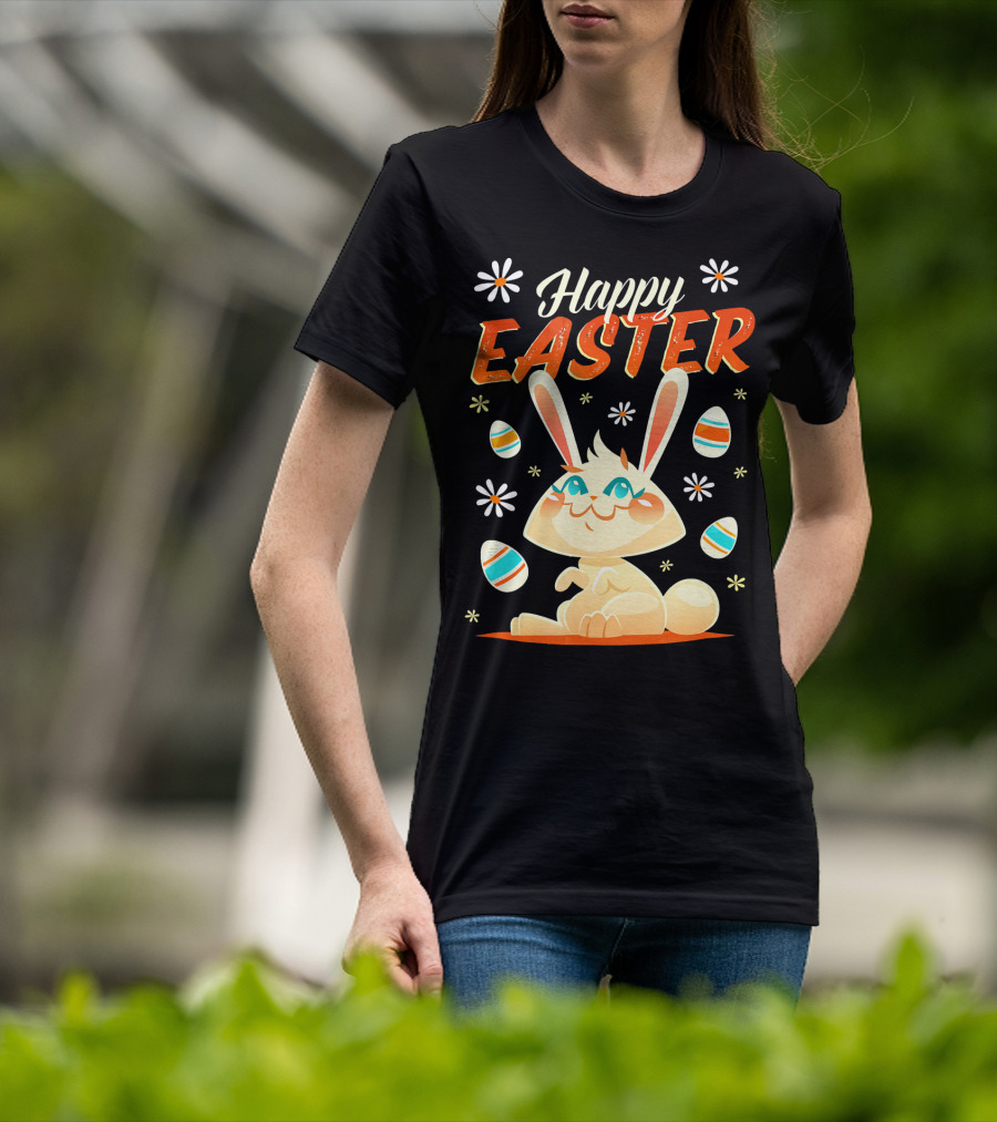 Happy Easter Bunny Surrounded By Colorful Eggs And Daisies T-Shirt