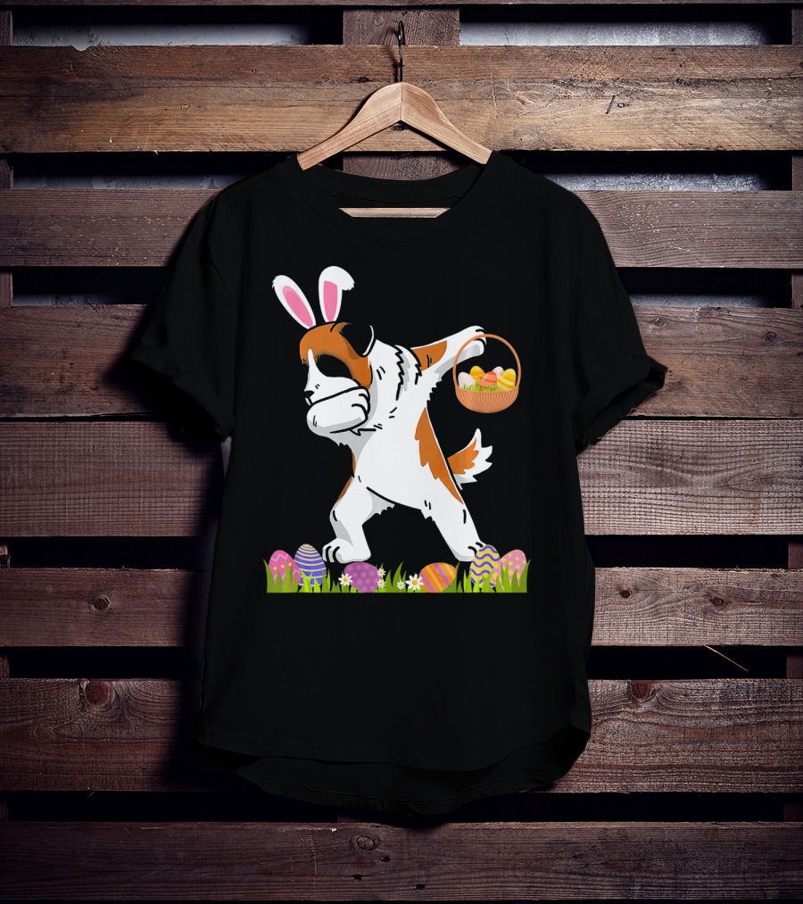 Funny Saint Bernard Dog Dabbing With Easter Bunny Ears And Basket Of Eggs T-Shirt