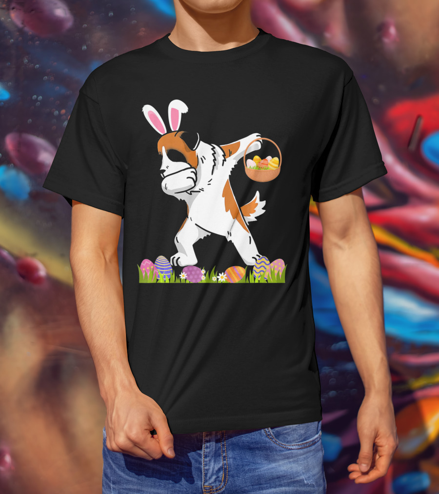 Funny Saint Bernard Dog Dabbing With Easter Bunny Ears And Basket Of Eggs T-Shirt