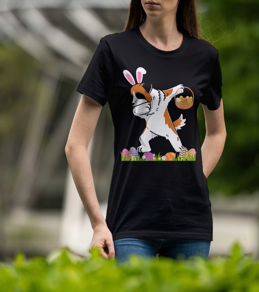Funny Saint Bernard Dog Dabbing With Easter Bunny Ears And Basket Of Eggs T-Shirt