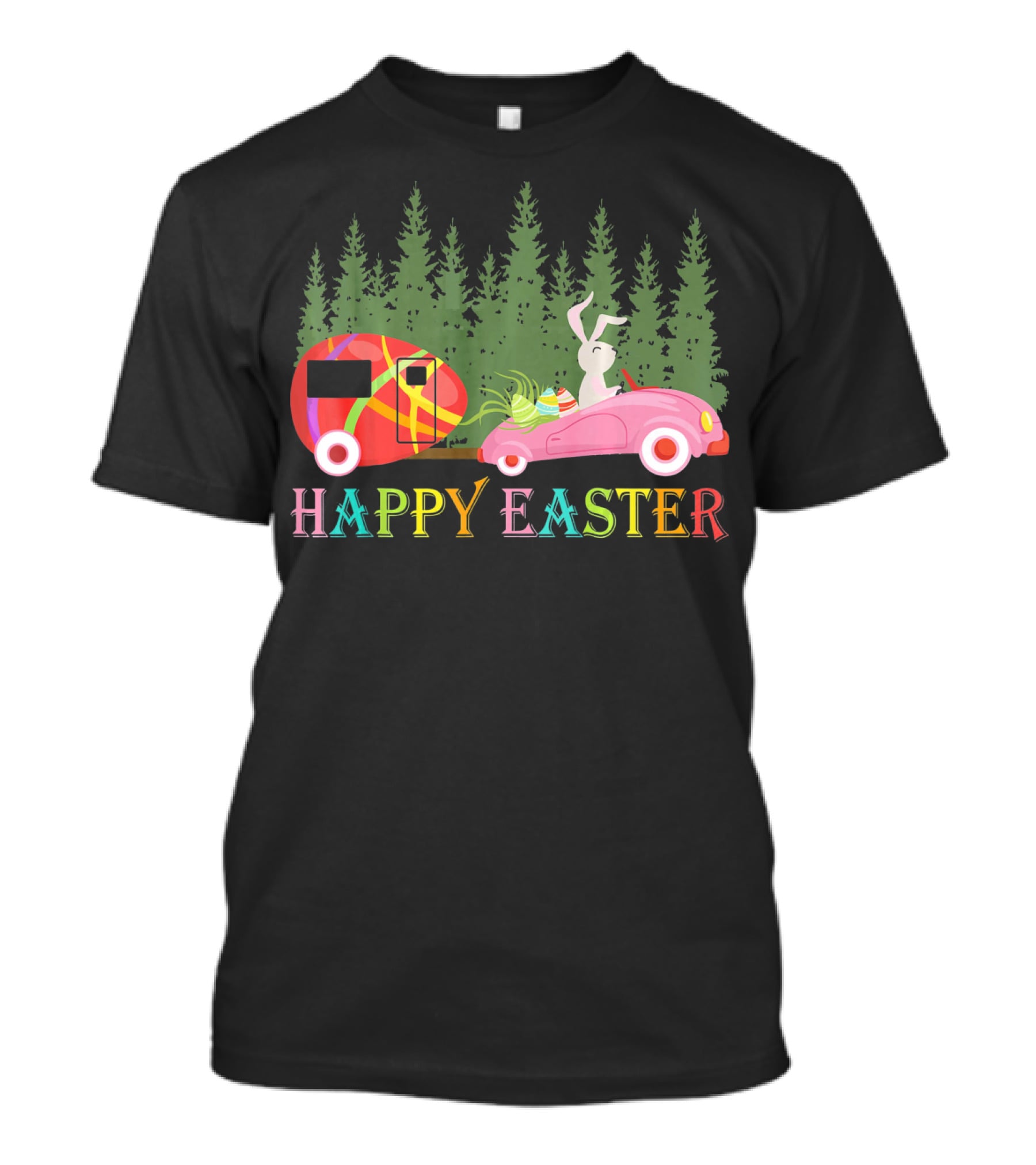 Happy Easter Day Bunny With Egg Camper And Car In Forest T-Shirt