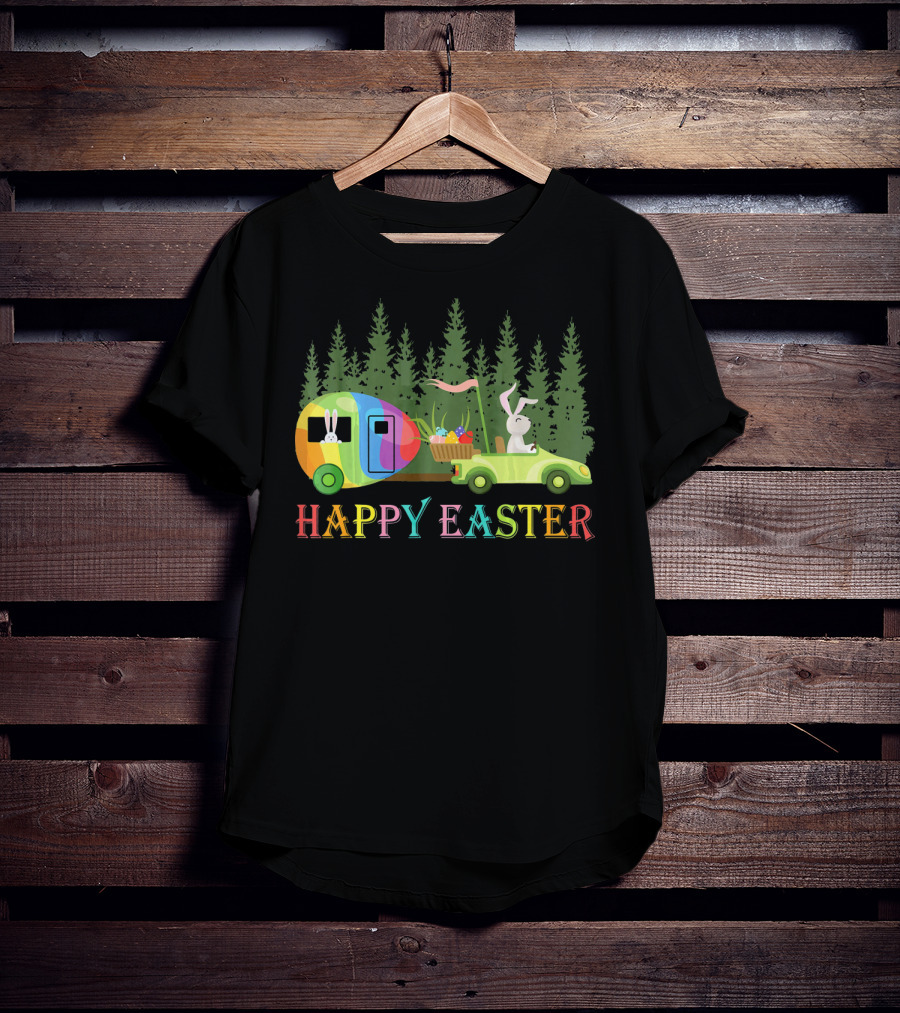Happy Easter Bunny Driving Colorful Camper With Eggs In Forest T-Shirt