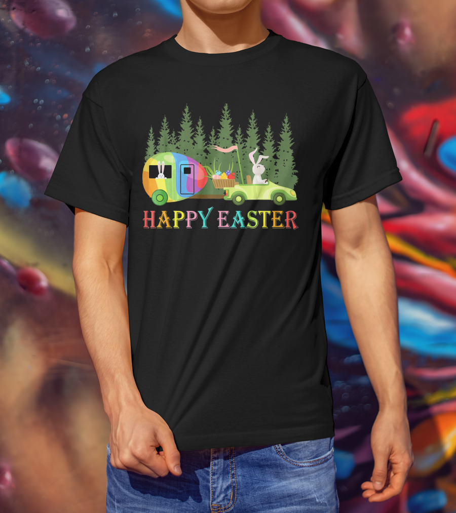 Happy Easter Bunny Driving Colorful Camper With Eggs In Forest T-Shirt