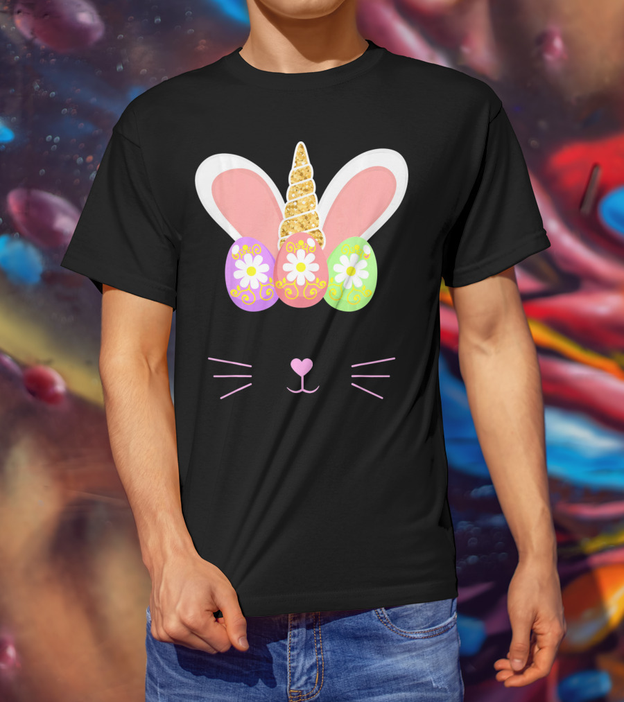 Unicorn Easter Girl Bunny Ears Eggs Whiskers T-Shirt