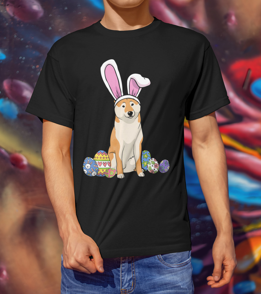 Shiba Inu With Bunny Ears And Colorful Easter Eggs T-Shirt
