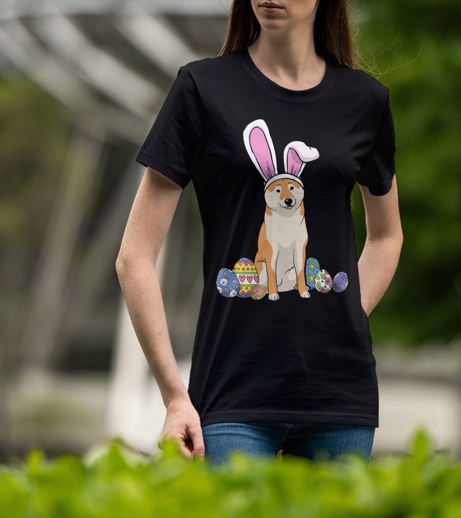 Shiba Inu With Bunny Ears And Colorful Easter Eggs T-Shirt